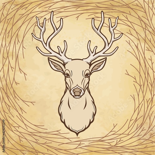 Animation portrait of a horned deer. Wood spirit, pagan deity. A background - a circle of wood branches. Vector illustration.