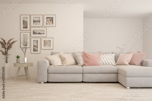 Soft color living room with sofa. Scandinavian interior design. 3D illustration