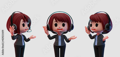 Bilde på lerret 3d rendering illustration of a set of cute operator, call center characters wear