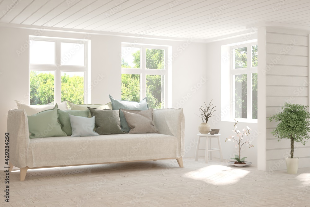 White living room with sofa and summer landscape in window. Scandinavian interior design. 3D illustration White living room with sofa and summer landscape in window. Scandinavian interior design. 3D illustration