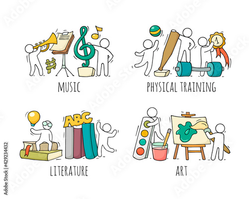 School icons set with studing little people