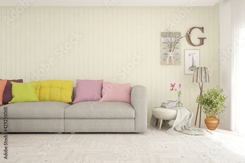 Soft color living room with sofa. Scandinavian interior design. 3D illustration