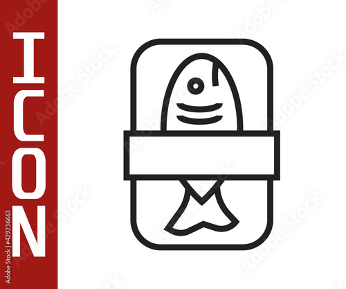 Black line Fish plastic tray container with cellophane cover icon isolated on white background. Vector