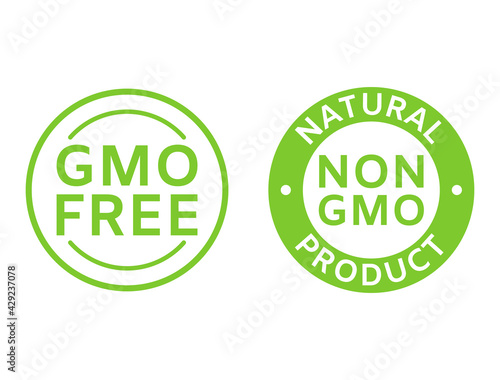 Non GMO labels. GMO free icons. Healthy organic food concept. No GMO design elements for tags, product packag, food symbol, emblems, stickers. Healthy, eco, vegan, bio. Vector illustration