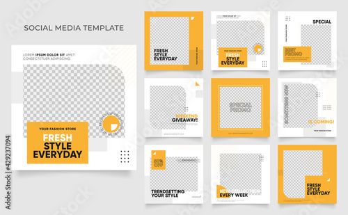 social media template banner blog fashion sale promotion. fully editable instagram and facebook square post frame puzzle organic sale poster. fresh yellow element shape vector background