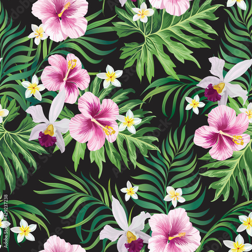 Tropical pattern with strelizia, hibiscus, palm leaves. Summer vector background for fabric, cover,print design. © Logunova Elena