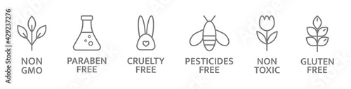 Organic and natural cosmetic line icons. Non toxic logo. Eco, vegan label. Allergen free badges. Skincare symbol. Beauty product. Gluten and paraben free cosmetic. Sensitive skin. Vector illustration