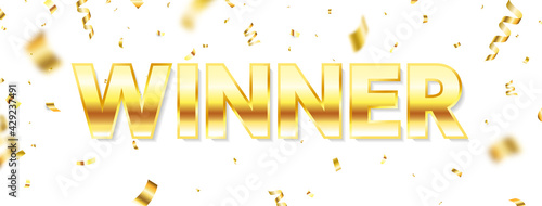 Winner long banner. Luxury congratulations banner. Winners team. Gold text with flying confetti. You are win celebration background. Successful champions. Vector illustration