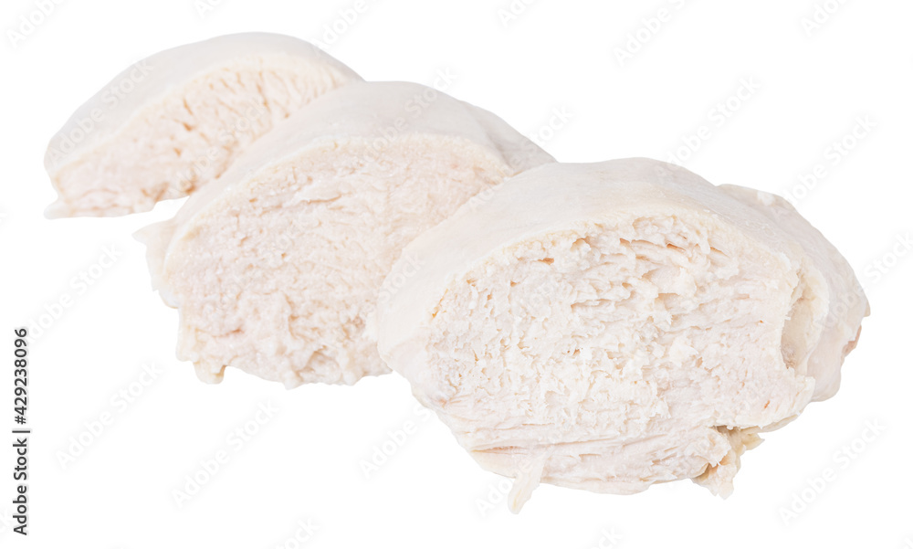 Pieces of boiled chicken breast isolated on white background