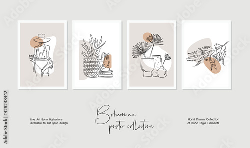 Botanical wall art vector set. Bohemian line art drawing with abstract shape. Abstract Plant line art design for print, cover, wallpaper. Minimal and natural wall art.