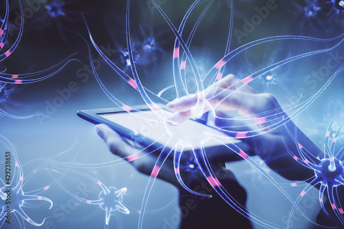 Double exposure of neuron sketch hologram and woman holding and using a mobile device. Education concept.