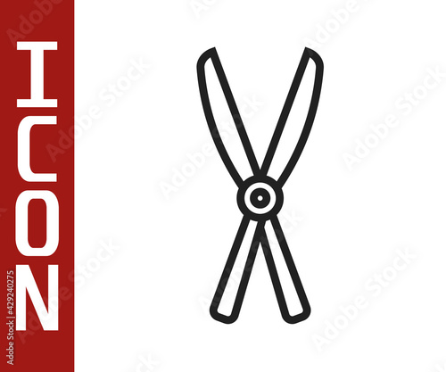 Black line Gardening handmade scissors for trimming icon isolated on white background. Pruning shears with wooden handles. Vector