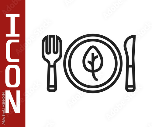Black line Vegan food diet icon isolated Black line background. Organic, bio, eco symbol. Vegan, no meat, lactose free, healthy, fresh and nonviolent food. Vector