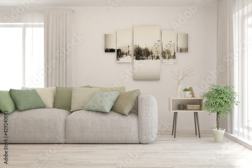 Soft color living room with sofa. Scandinavian interior design. 3D illustration