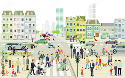 Stadtlandschaft mit Straßenverkehr und Fußgänger, Illustration