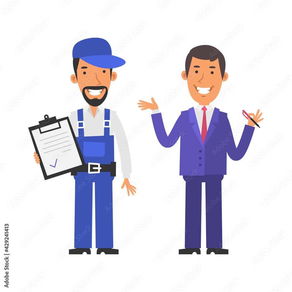 Repairman holding tablet and smiling. Businessman holding pen and smiling. Vector characters Repairman holding tablet and smiling. Businessman holding pen and smiling. Vector characters