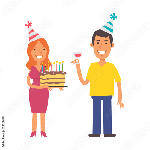 Young woman holding cake. Young man holding glass of wine. Birthday of man. Vector characters