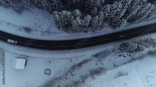 Road and coniferous forest. View from the top to the road and cars. The view from the drone on the road and the car.