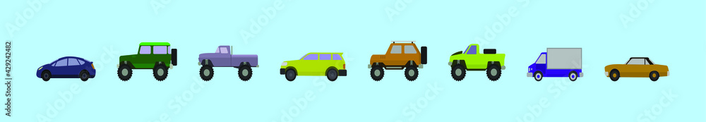 set of car cartoon icon design template with various models. vector illustration isolated on blue background