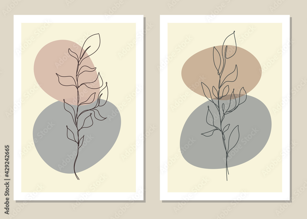 One line abstract wall art with botanical elements. Vector illustration. One line abstract wall art with botanical elements. Vector illustration.
