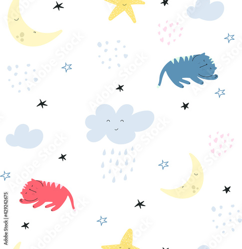 Seamless pattern with cute sleeping cats, clouds and stars. Texture for children's wallpaper, clothing, textiles. Hand draw vector illustration in doodle cartoon style