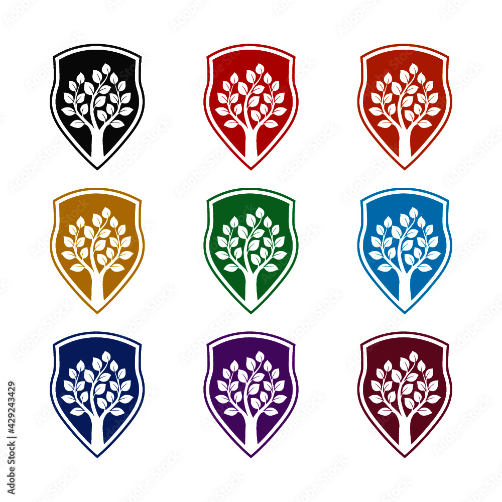 Shield with tree isolated on white background color set Shield with tree isolated on white background color set