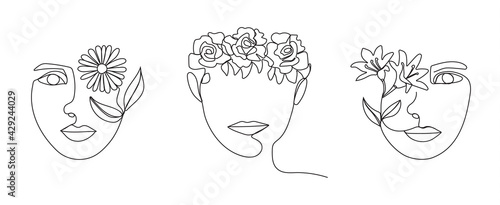 Boho women's faces on abstract wall art vector. Surreal portrait, Girl face in continuous line style. Trendy floral, botanical abstract picture, minimalist art style for poster