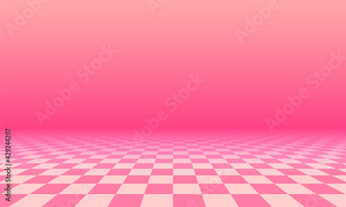 Abstract checkered floor in pink surreal interior. Room with no horizon and tiled floor.