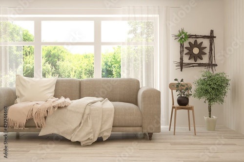 White living room with sofa and summer landscape in window. Scandinavian interior design. 3D illustration