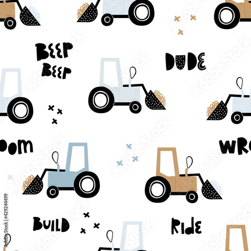 Vector hand-drawn seamless repeating children simple pattern with cars in Scandinavian style on a white background.Kids seamless pattern with building equipment. Funny construction transport