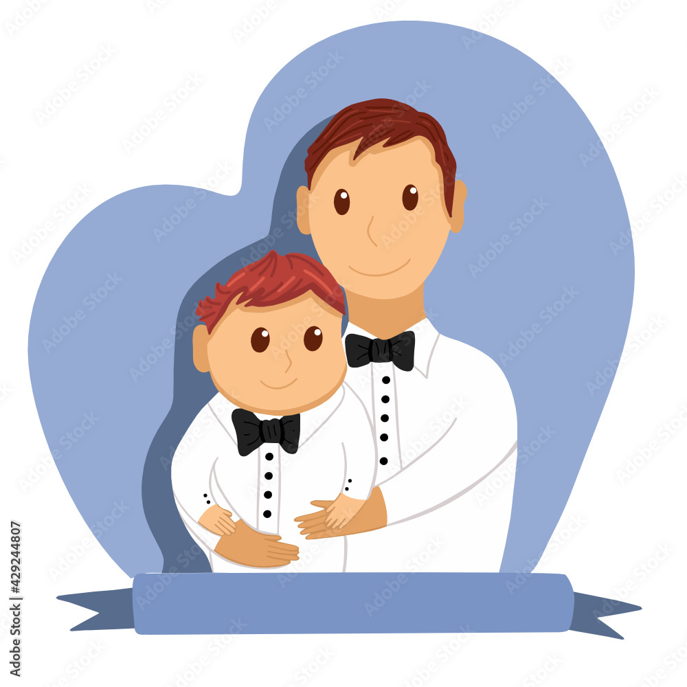 Vector illustration boy with dad in costumes with a bow tie of different nationalities Vector illustration boy with dad in costumes with a bow tie of different nationalities