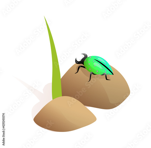 Cute green bug or beetle sitting on the stone with grass in nature. 3d style clipart cartoon with insect for kids isolated on white vector design.