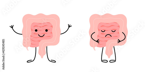 Healthy happy intestine with good microflora and sad unhealthy sick gut characters. Check health of intestine. Internal organ gut, intestine, colon, rectum, bowel. Vector illustration