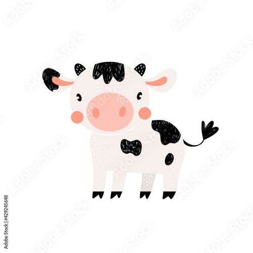 Vector illustration with cute cow on a white background. Vector funny animal for baby graphic suit printing. Farm. Funny animal great for fabric and textile, wallpapers, kids nursery wear design.