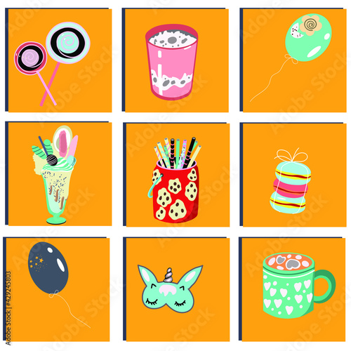 Set of 9 items for pajama party, balloon; cocoa; marshmallows; mask for sleep; milkshake; macaroons; cocoa; cocktail tubes; birthday; overnight stay.