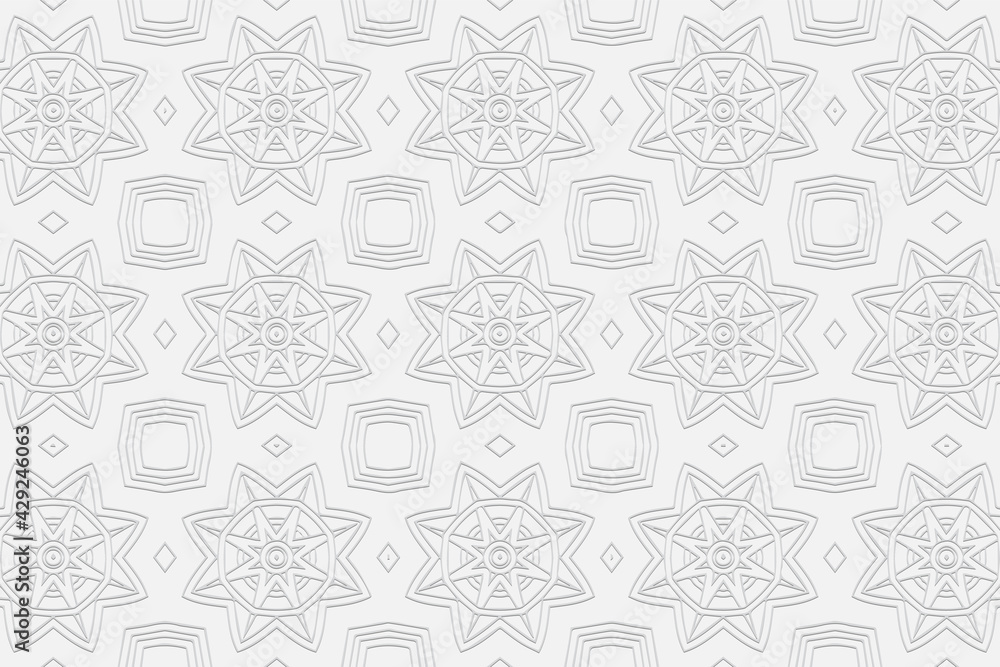 Volumetric convex white background. 3d ethnic geometric ornament. Embossed curly pattern with abstract original stars and polygons.Vector graphics for design.
