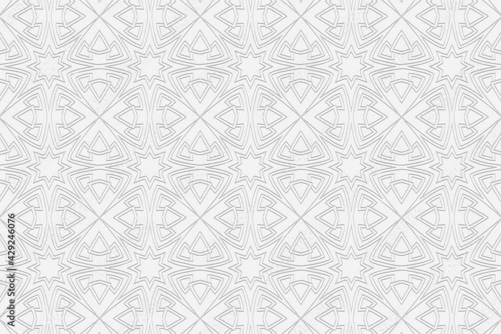 Volumetric convex white background. 3d ethnic geometric ornament. Embossed curly pattern with stylized stars and polygons.Vector graphics for design.