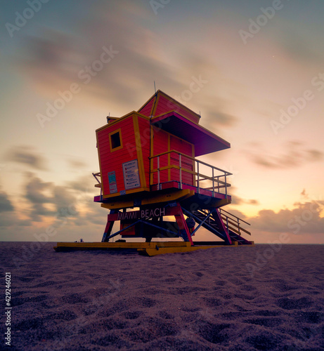 lifeguard tower at sunset sunrise summer Miami Beach beautiful sky 