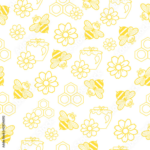 seamless pattern vector little honey bees with honey and flowers, yellow on a white background, honey jar, honeycomb, doodle illustration, cartoon characters, for printing on textiles and packaging