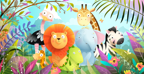 Fototapeta Naklejka Na Ścianę i Meble -  African animals jungle safari colorful cartoon for kids. Tropical forest or savanna with cute baby lion giraffe elephant and crocodile, funny exotic animals poster. Vector colorful illustration.