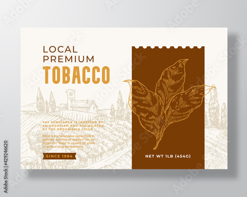 Local Premium Tobacco Label Template. Abstract Vector Packaging Design Layout. Modern Typography Banner with Hand Drawn Leaves Branch and Rural Landscape Background. Isolated