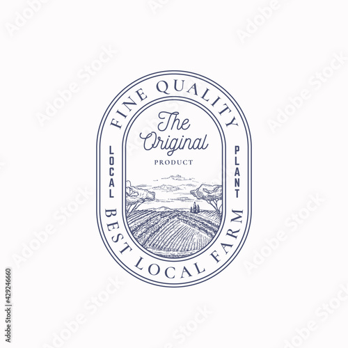 Local Farm Products Retro Frame Badge or Logo Template. Hand Drawn Rural Farm Landscape Sketch with Retro Typography and Borders. Vintage Sketch Emblem. Isolated