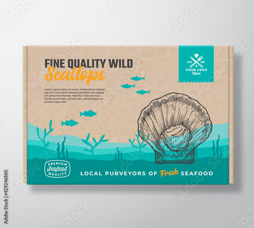 Fine Quality Seafood Cardboard Box. Abstract Vector Food Packaging Label Design. Modern Typography and Hand Drawn Scallop and Fishes Silhouettes. Sea Bottom Landscape Background Layout with Banner