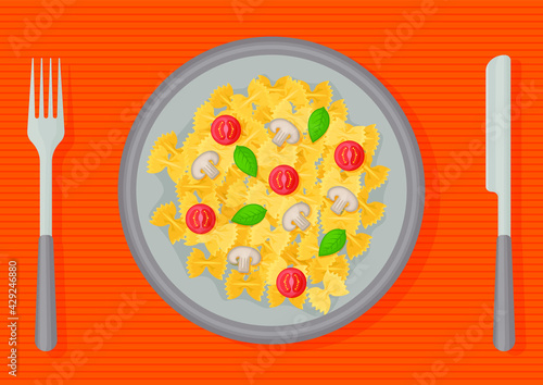 Appetizing pasta with tomatoes, greens and vegetables on a plate. A dish of Mediterranean cuisine. Vector illustration on a white background