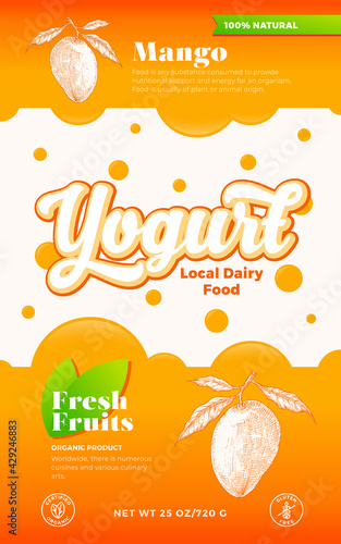 Fruits and Berries Yogurt Label Template. Abstract Vector Dairy Packaging Design Layout. Modern Typography Banner with Bubbles and Hand Drawn Mango with Leaves Sketch Silhouette Background. Isolated