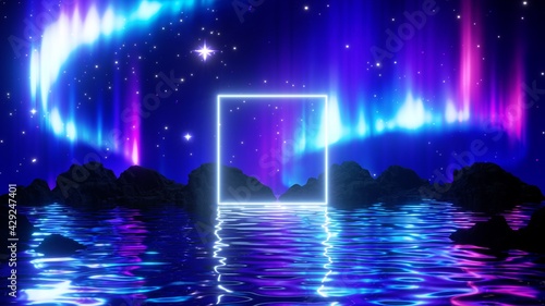 3d render, abstract background with Aurora Borealis. Northern lights in polar night sky above the mystical landscape. Natural phenomenon and neon glowing square frame