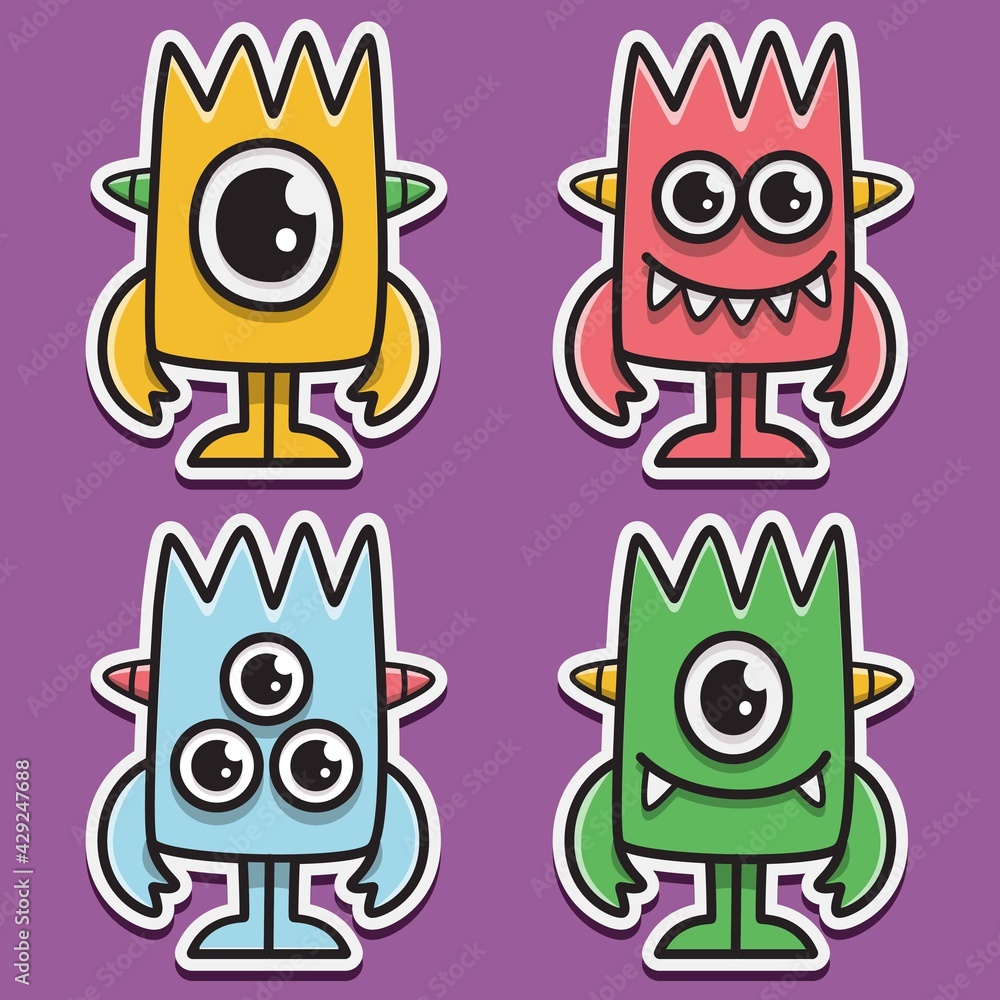 cartoon doodle monster sticker set design