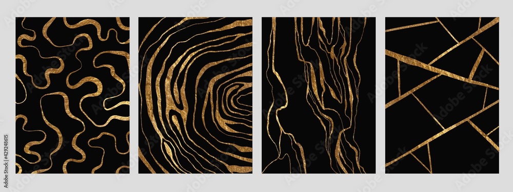 Fototapeta premium Golden glitter and black abstract marble stone, wood design, natural texture, waves, curls, geodes. Luxury ink, liquid stains, abstract patterns for covers, branding template.