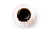 top view, black coffee and bubble in white mug isolated on background