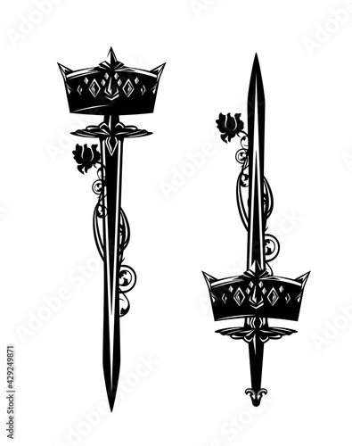 fantasy king long sword with royal crown and rose flower black and white vector medieval style heraldry design set